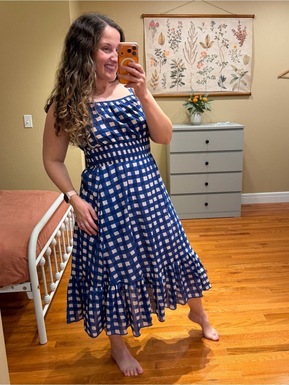 Anthropologie Cleobella Pink Blue Gingham Smocked Midi Dress Organic Cotton S